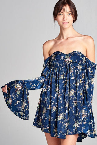 Bell sleeve strapless swing dress floral